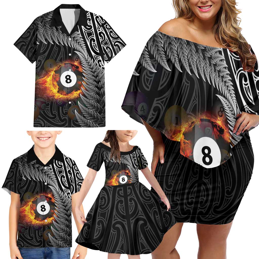 Personalised New Zealand Billiards Family Matching Off Shoulder Short Dress and Hawaiian Shirt Maori Fern On Fire 8 Ball - Aussie Hoodie