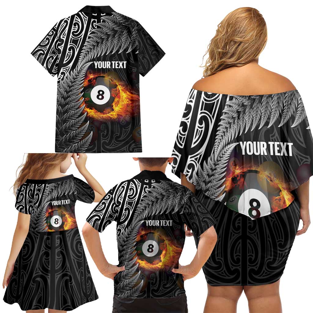 Personalised New Zealand Billiards Family Matching Off Shoulder Short Dress and Hawaiian Shirt Maori Fern On Fire 8 Ball - Aussie Hoodie