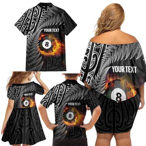 Personalised New Zealand Billiards Family Matching Off Shoulder Short Dress and Hawaiian Shirt Maori Fern On Fire 8 Ball - Aussie Hoodie