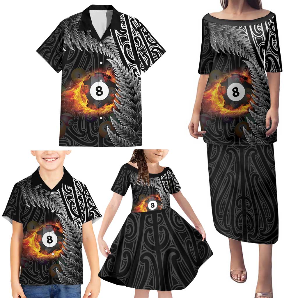 Personalised New Zealand Billiards Family Matching Puletasi and Hawaiian Shirt Maori Fern On Fire 8 Ball - Aussie Hoodie