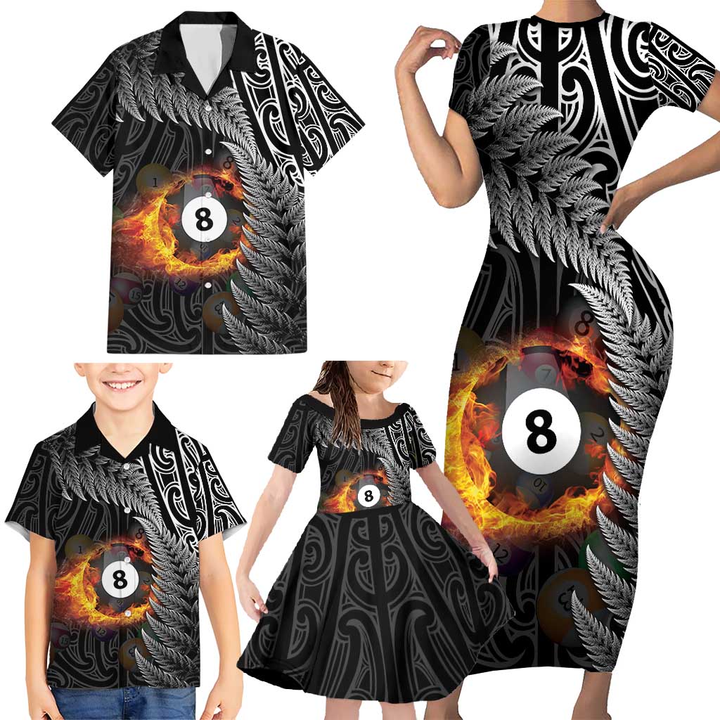 Personalised New Zealand Billiards Family Matching Short Sleeve Bodycon Dress and Hawaiian Shirt Maori Fern On Fire 8 Ball - Aussie Hoodie