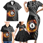 Personalised New Zealand Billiards Family Matching Short Sleeve Bodycon Dress and Hawaiian Shirt Maori Fern On Fire 8 Ball - Aussie Hoodie