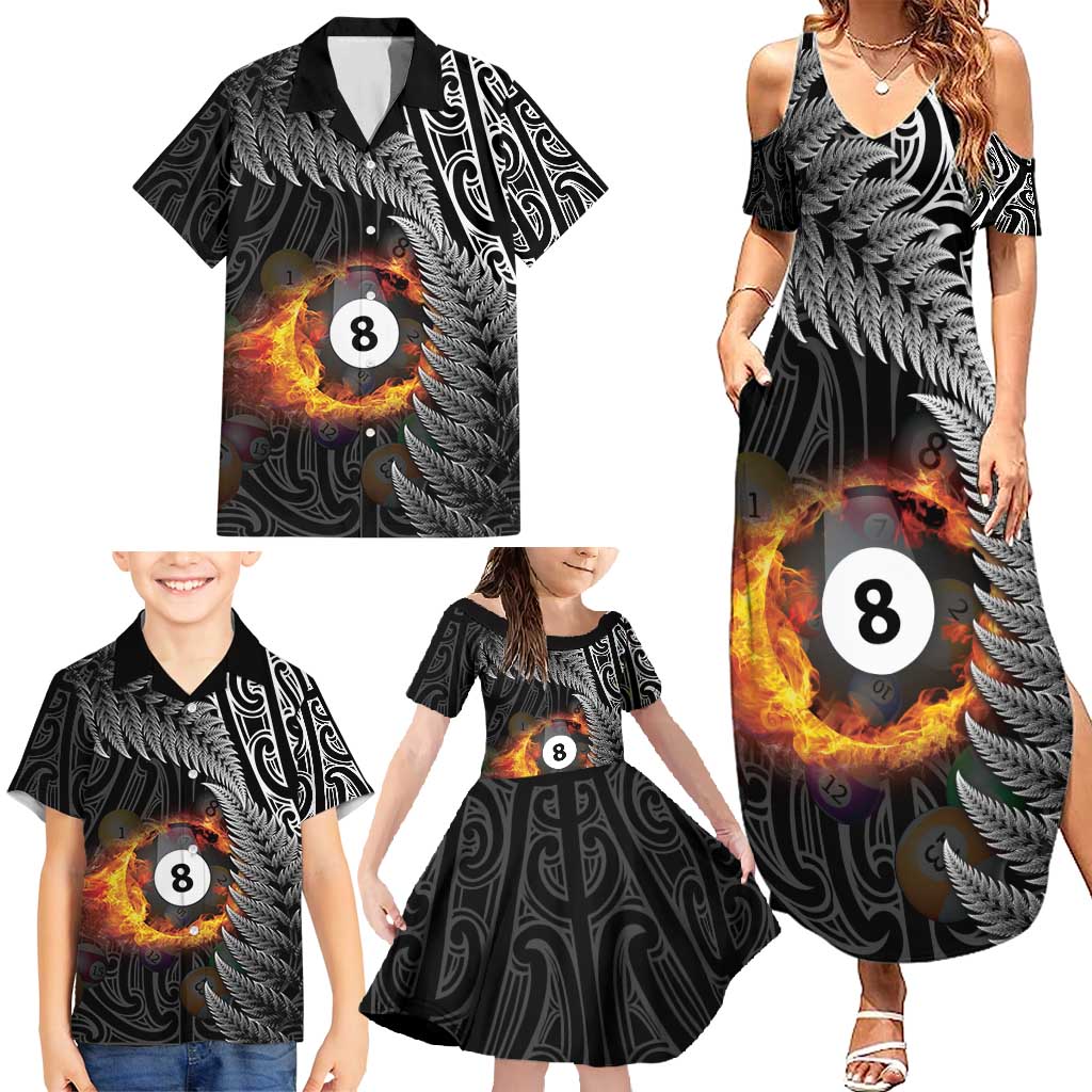 Personalised New Zealand Billiards Family Matching Summer Maxi Dress and Hawaiian Shirt Maori Fern On Fire 8 Ball - Aussie Hoodie
