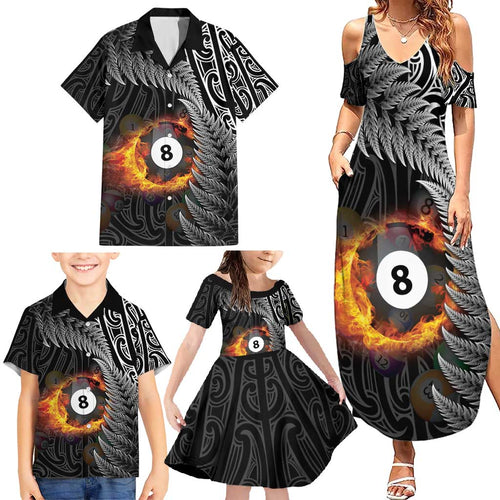 Personalised New Zealand Billiards Family Matching Summer Maxi Dress and Hawaiian Shirt Maori Fern On Fire 8 Ball - Aussie Hoodie