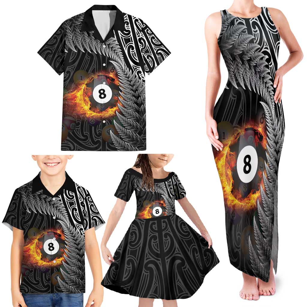 Personalised New Zealand Billiards Family Matching Tank Maxi Dress and Hawaiian Shirt Maori Fern On Fire 8 Ball - Aussie Hoodie