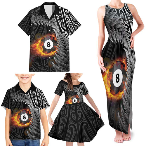 Personalised New Zealand Billiards Family Matching Tank Maxi Dress and Hawaiian Shirt Maori Fern On Fire 8 Ball - Aussie Hoodie
