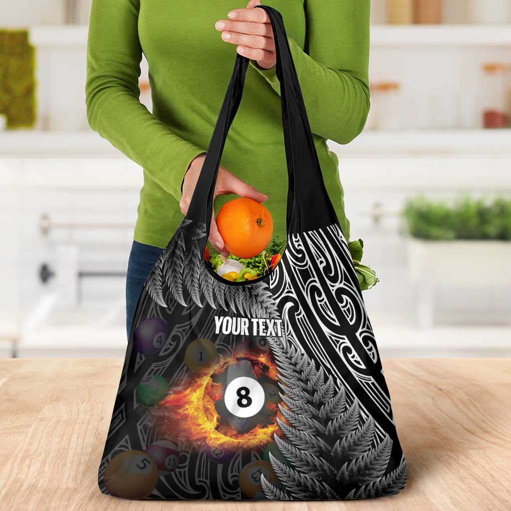 Personalised New Zealand Billiards Grocery Bag Maori Fern On Fire 8 Ball - Aussie Hoodie