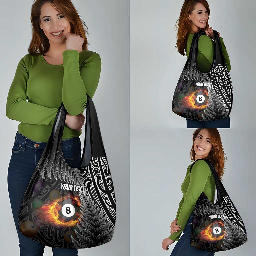 Personalised New Zealand Billiards Grocery Bag Maori Fern On Fire 8 Ball - Aussie Hoodie