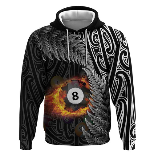 Personalised New Zealand Billiards Hoodie Maori Fern On Fire 8 Ball - Aussie Hoodie
