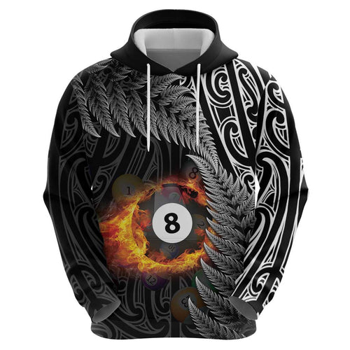 Personalised New Zealand Billiards Hoodie Maori Fern On Fire 8 Ball - Aussie Hoodie