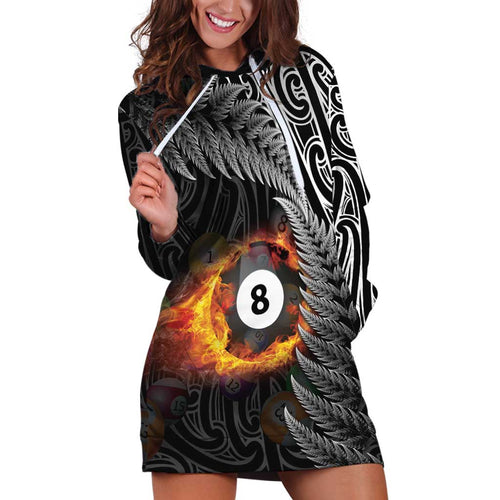 Personalised New Zealand Billiards Hoodie Dress Maori Fern On Fire 8 Ball - Aussie Hoodie