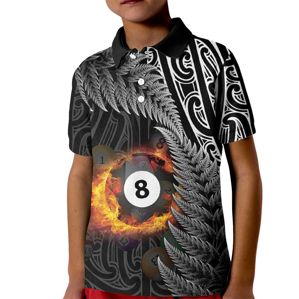 Personalised New Zealand Billiards Kid Polo Shirt Maori Fern On Fire 8 Ball - Aussie Hoodie