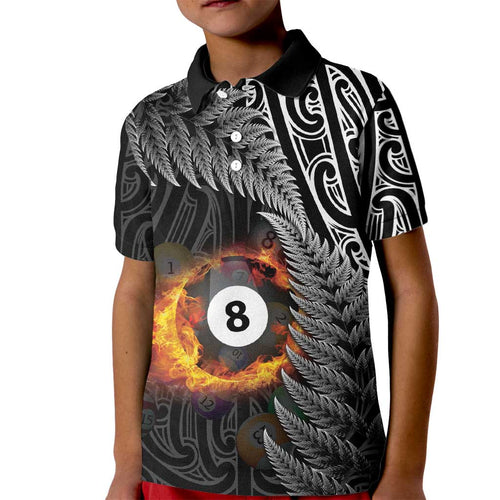 Personalised New Zealand Billiards Kid Polo Shirt Maori Fern On Fire 8 Ball - Aussie Hoodie