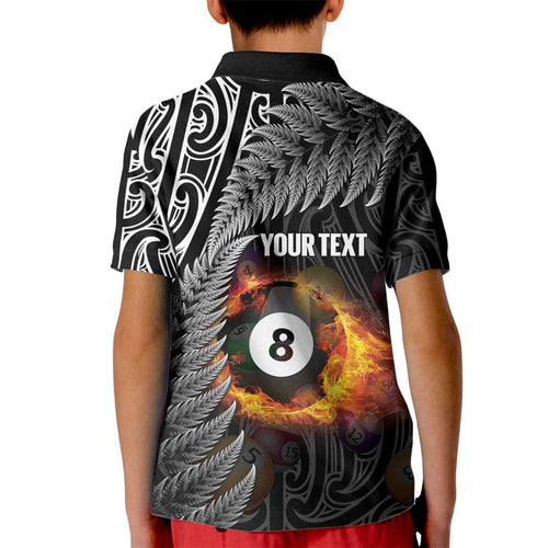 Personalised New Zealand Billiards Kid Polo Shirt Maori Fern On Fire 8 Ball - Aussie Hoodie