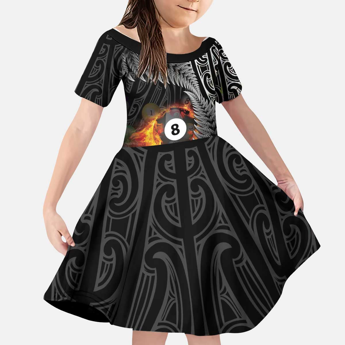 Personalised New Zealand Billiards Kid Short Sleeve Dress Maori Fern On Fire 8 Ball - Aussie Hoodie