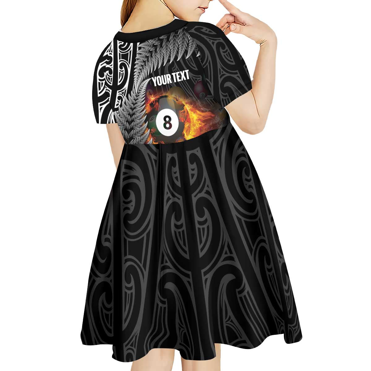 Personalised New Zealand Billiards Kid Short Sleeve Dress Maori Fern On Fire 8 Ball - Aussie Hoodie