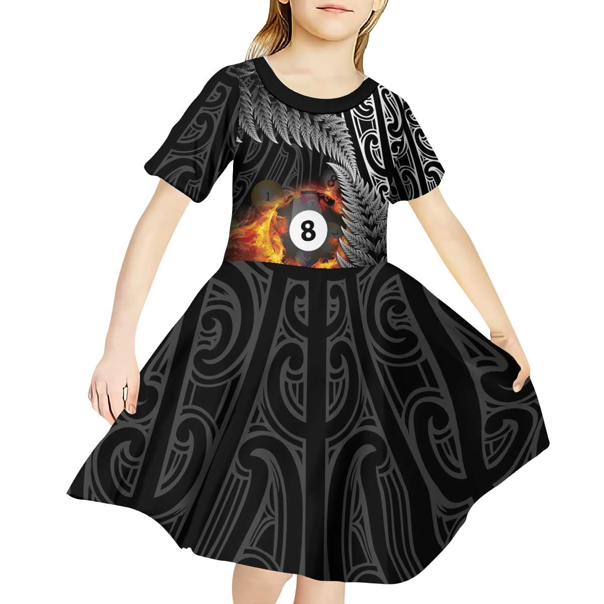 Personalised New Zealand Billiards Kid Short Sleeve Dress Maori Fern On Fire 8 Ball - Aussie Hoodie