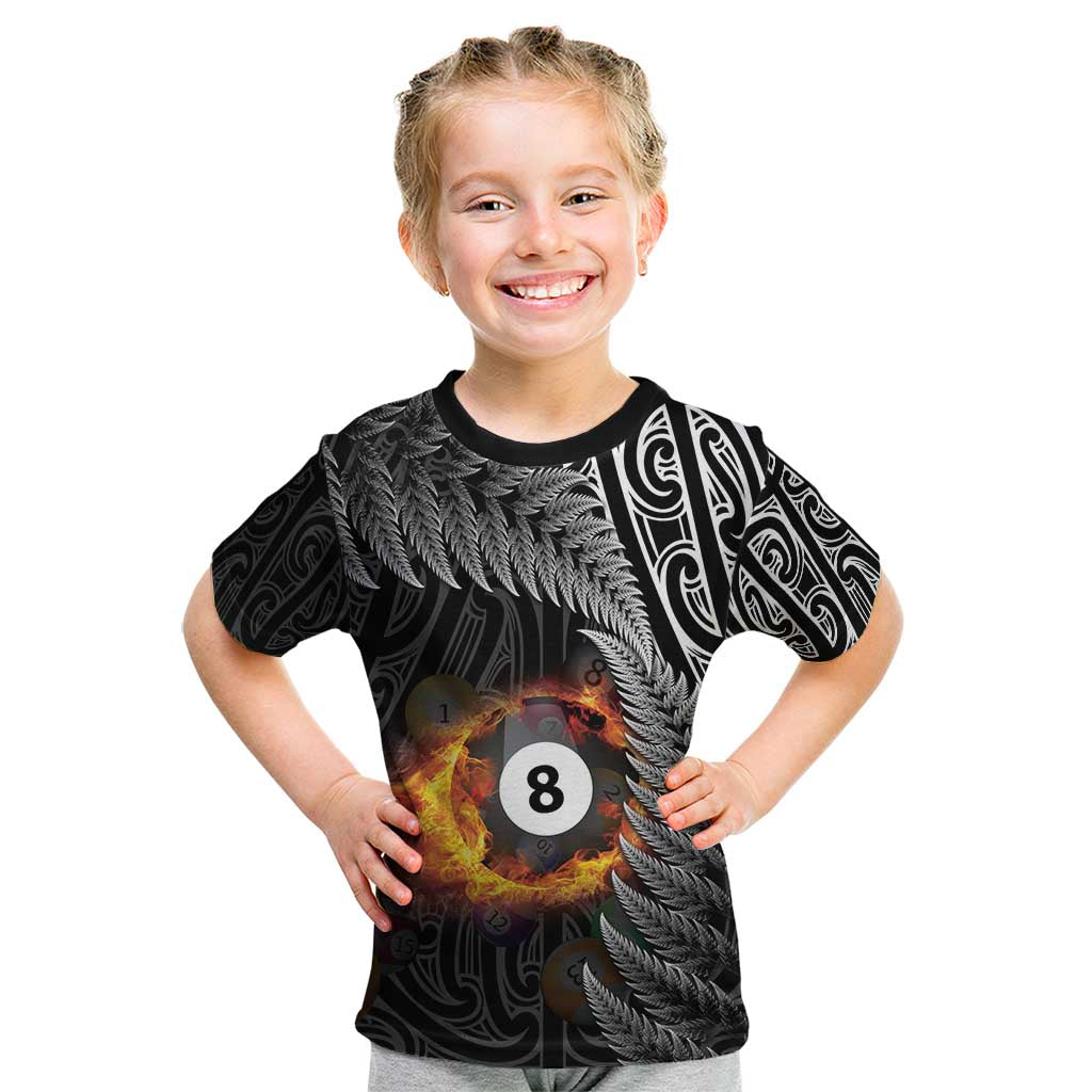 Personalised New Zealand Billiards Kid T Shirt Maori Fern On Fire 8 Ball - Aussie Hoodie