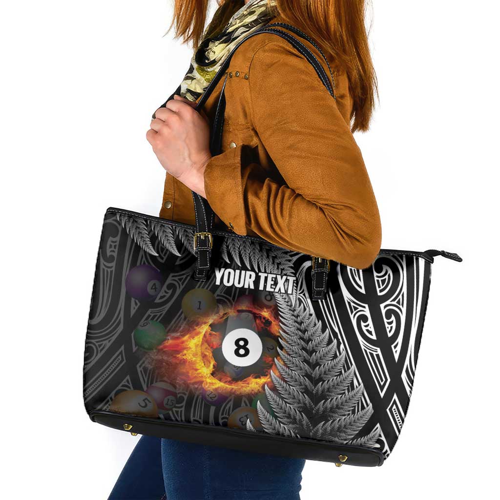 Personalised New Zealand Billiards Leather Tote Bag Maori Fern On Fire 8 Ball - Aussie Hoodie
