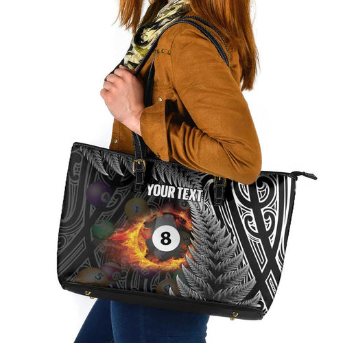 Personalised New Zealand Billiards Leather Tote Bag Maori Fern On Fire 8 Ball - Aussie Hoodie