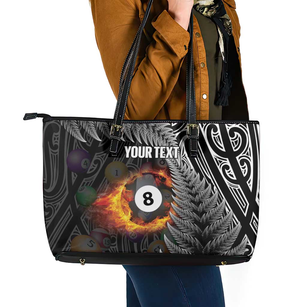Personalised New Zealand Billiards Leather Tote Bag Maori Fern On Fire 8 Ball - Aussie Hoodie