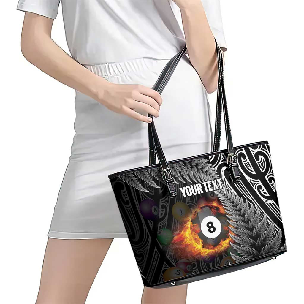 Personalised New Zealand Billiards Leather Tote Bag Maori Fern On Fire 8 Ball - Aussie Hoodie