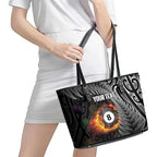 Personalised New Zealand Billiards Leather Tote Bag Maori Fern On Fire 8 Ball - Aussie Hoodie