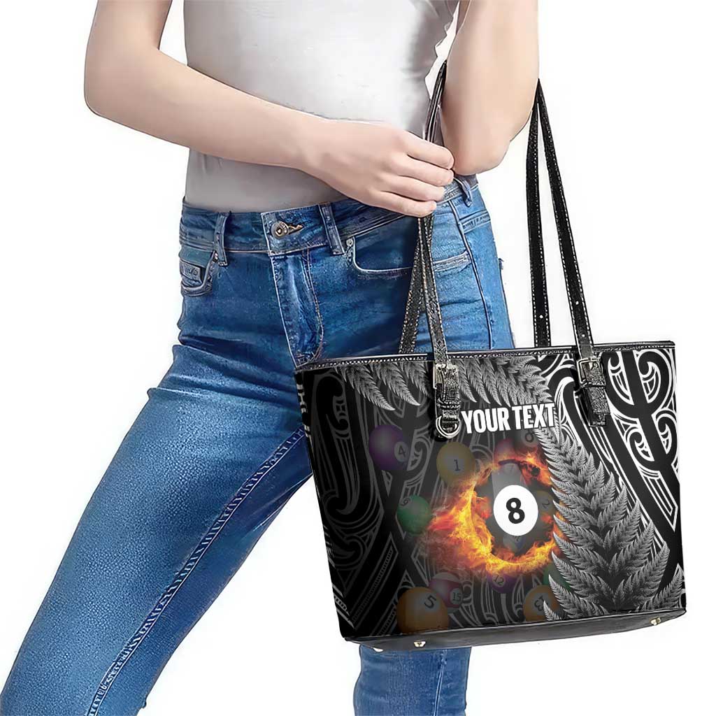 Personalised New Zealand Billiards Leather Tote Bag Maori Fern On Fire 8 Ball - Aussie Hoodie