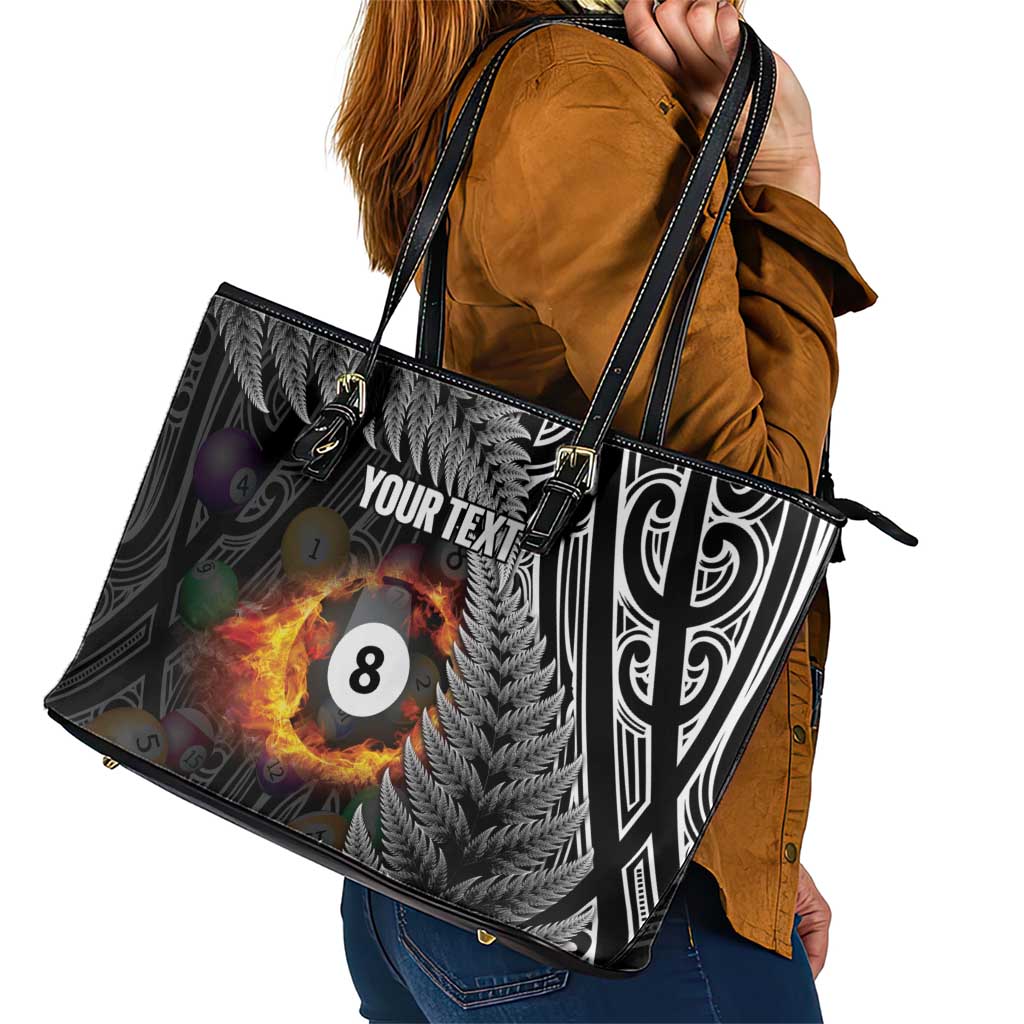 Personalised New Zealand Billiards Leather Tote Bag Maori Fern On Fire 8 Ball - Aussie Hoodie