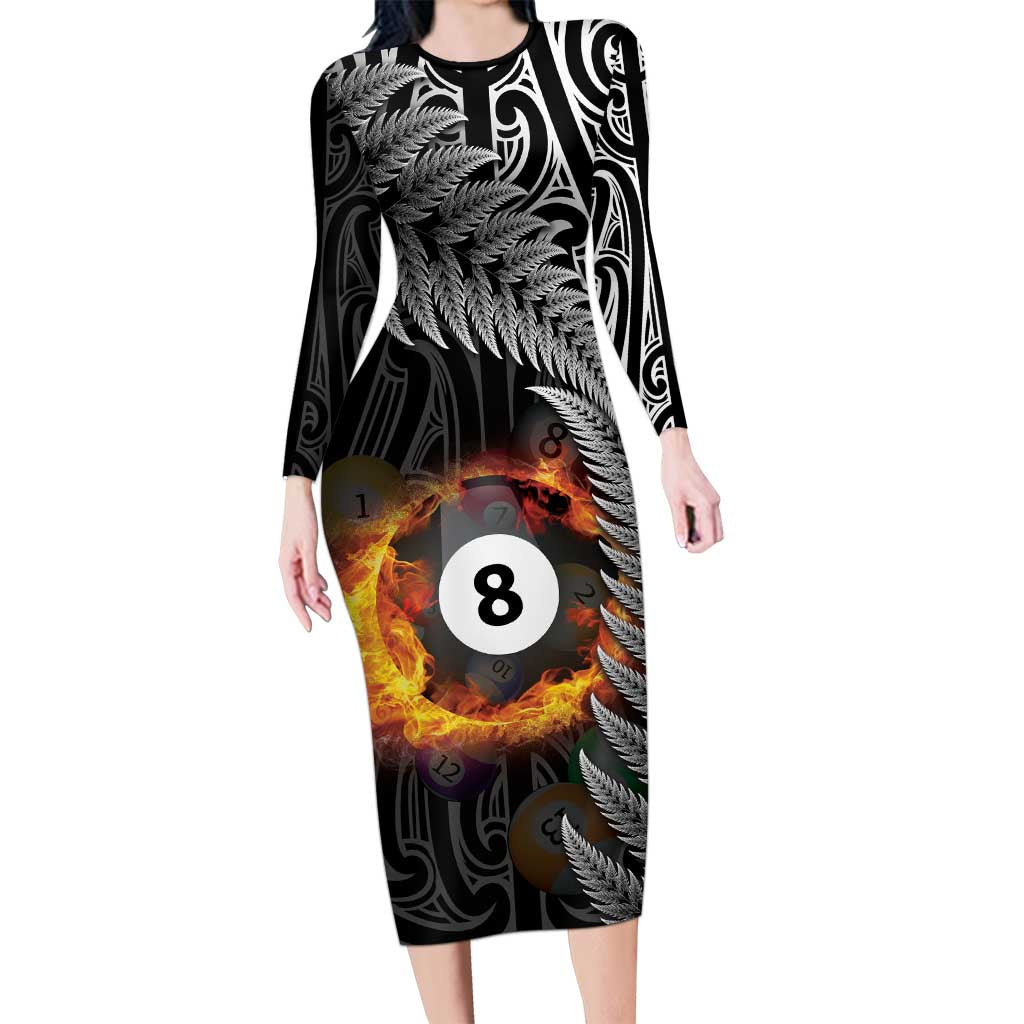 Personalised New Zealand Billiards Long Sleeve Bodycon Dress Maori Fern On Fire 8 Ball - Aussie Hoodie