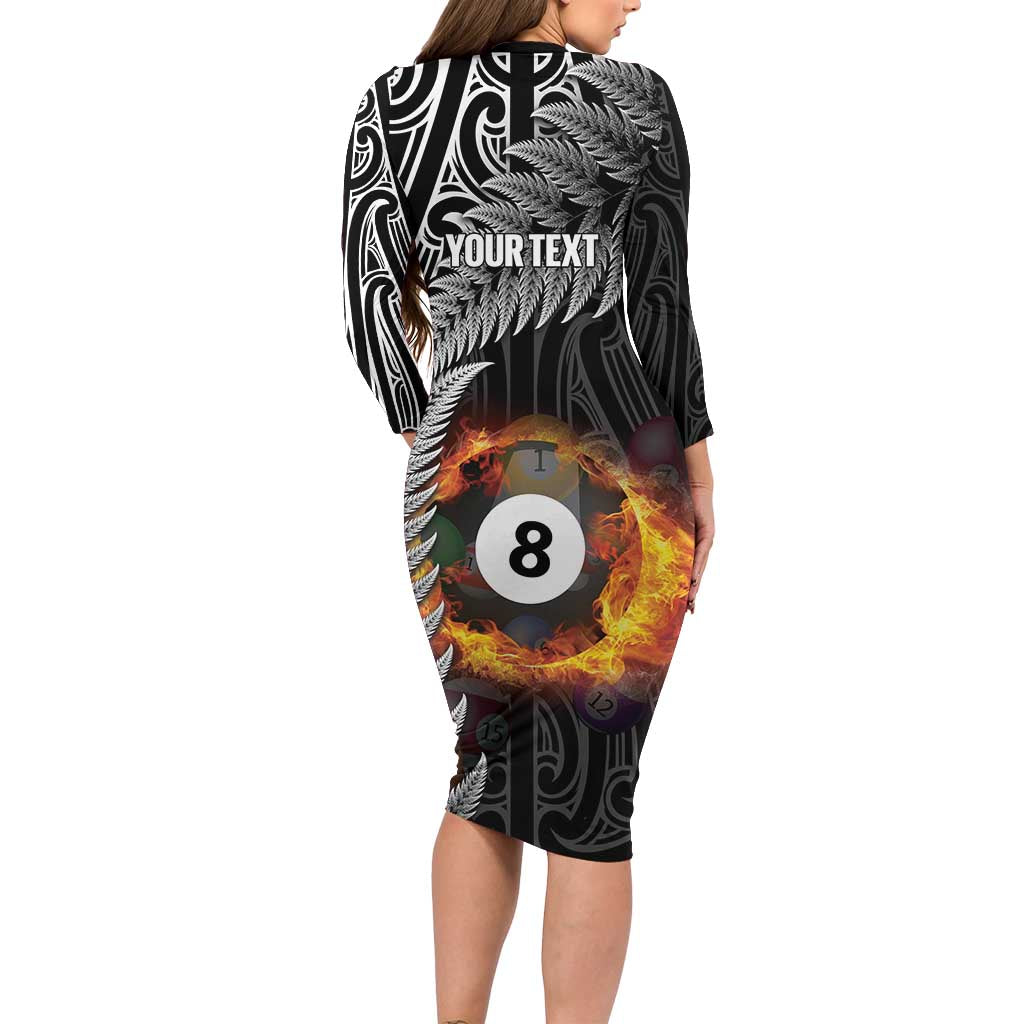 Personalised New Zealand Billiards Long Sleeve Bodycon Dress Maori Fern On Fire 8 Ball - Aussie Hoodie