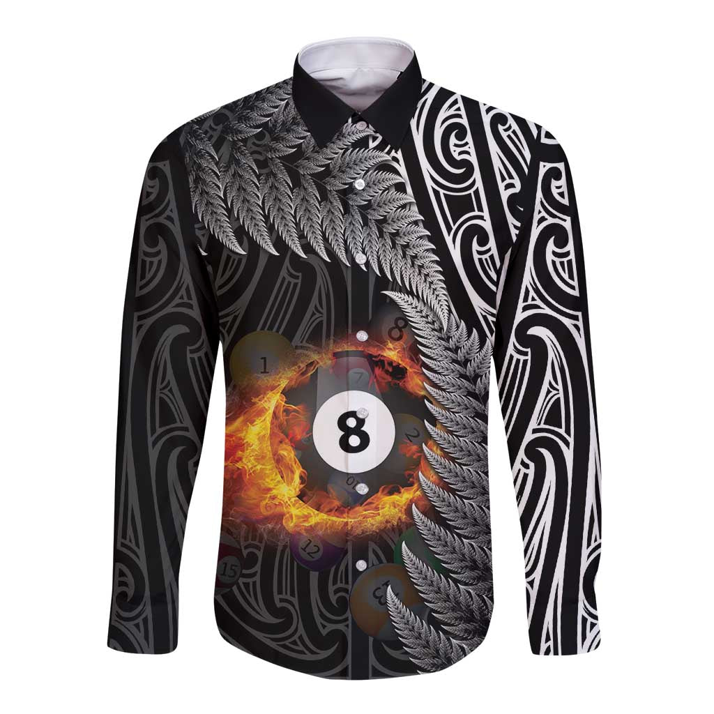 Personalised New Zealand Billiards Long Sleeve Button Shirt Maori Fern On Fire 8 Ball - Aussie Hoodie