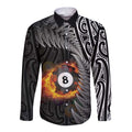 Personalised New Zealand Billiards Long Sleeve Button Shirt Maori Fern On Fire 8 Ball - Aussie Hoodie