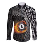 Personalised New Zealand Billiards Long Sleeve Button Shirt Maori Fern On Fire 8 Ball - Aussie Hoodie