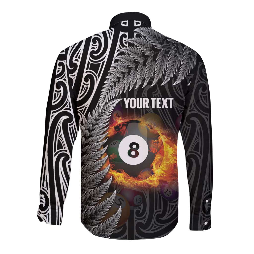 Personalised New Zealand Billiards Long Sleeve Button Shirt Maori Fern On Fire 8 Ball - Aussie Hoodie