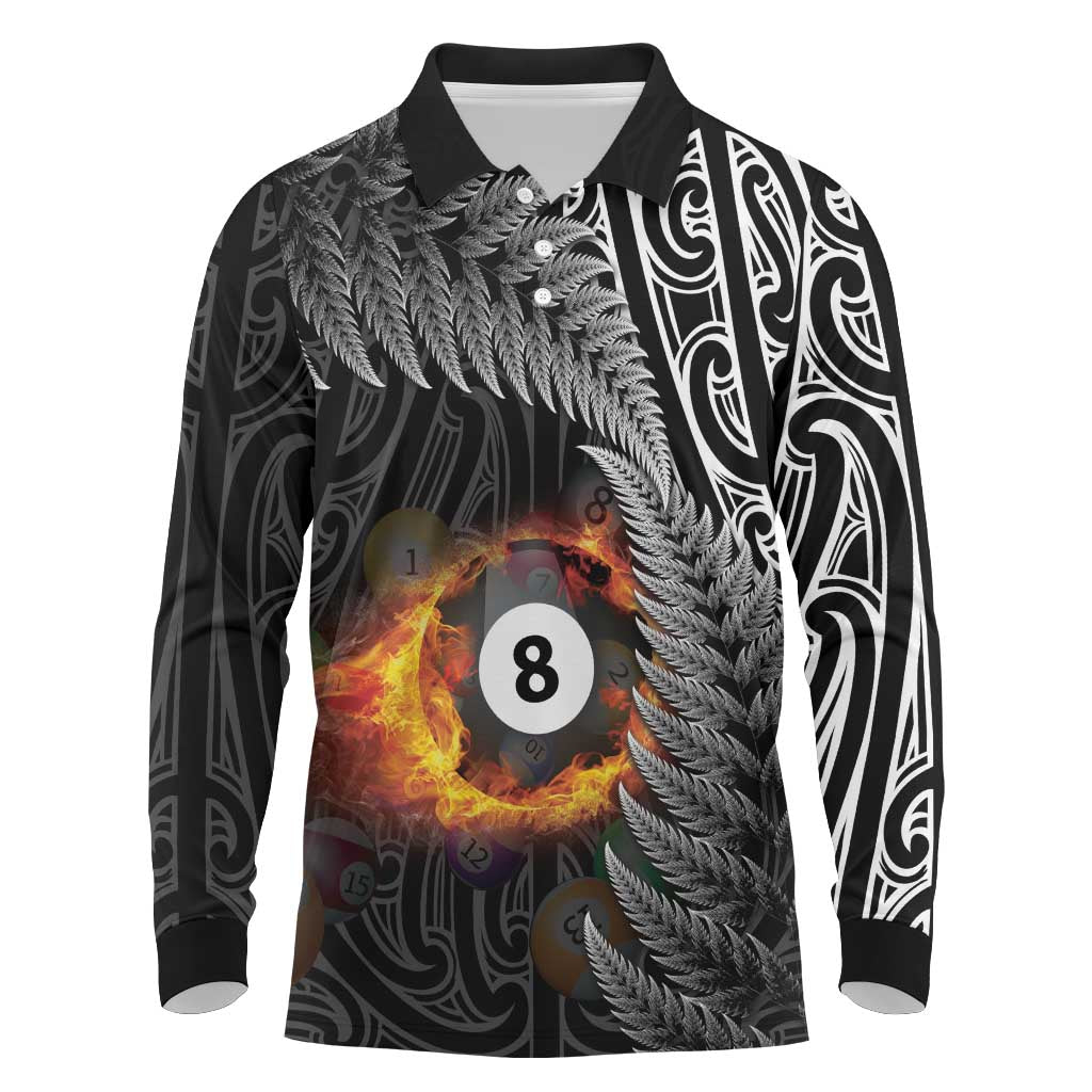 Personalised New Zealand Billiards Long Sleeve Polo Shirt Maori Fern On Fire 8 Ball - Aussie Hoodie