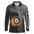 Personalised New Zealand Billiards Long Sleeve Polo Shirt Maori Fern On Fire 8 Ball - Aussie Hoodie