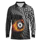 Personalised New Zealand Billiards Long Sleeve Polo Shirt Maori Fern On Fire 8 Ball - Aussie Hoodie