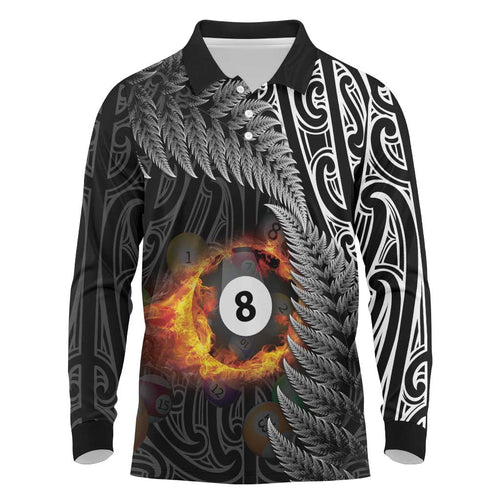 Personalised New Zealand Billiards Long Sleeve Polo Shirt Maori Fern On Fire 8 Ball - Aussie Hoodie