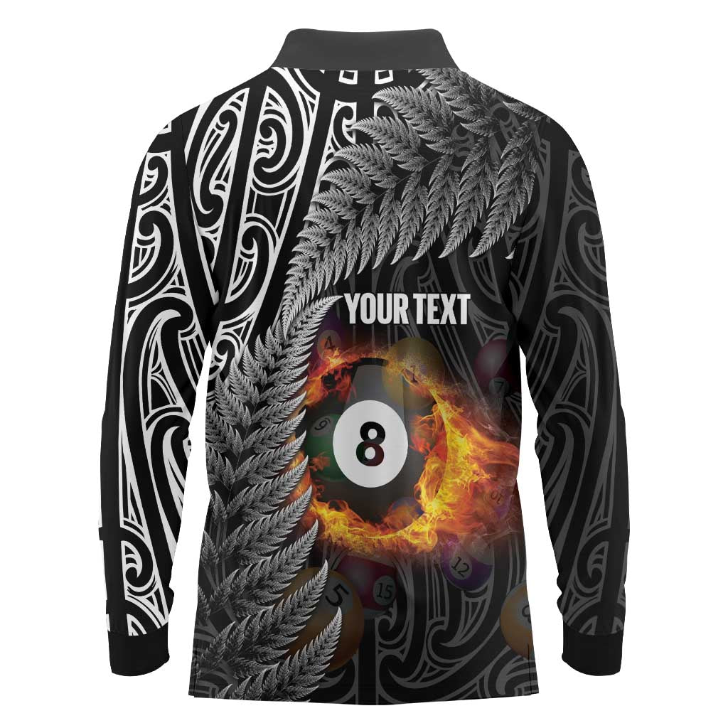 Personalised New Zealand Billiards Long Sleeve Polo Shirt Maori Fern On Fire 8 Ball - Aussie Hoodie