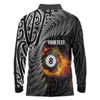 Personalised New Zealand Billiards Long Sleeve Polo Shirt Maori Fern On Fire 8 Ball - Aussie Hoodie