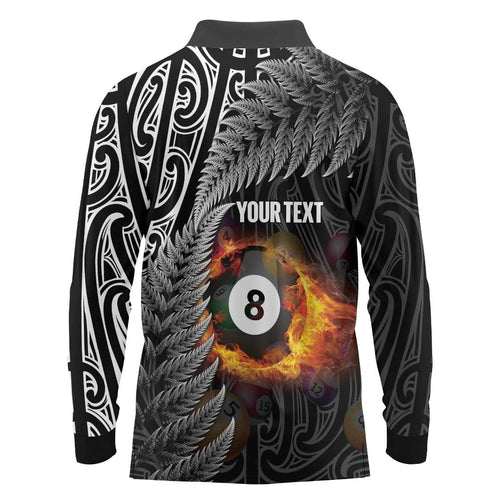 Personalised New Zealand Billiards Long Sleeve Polo Shirt Maori Fern On Fire 8 Ball - Aussie Hoodie