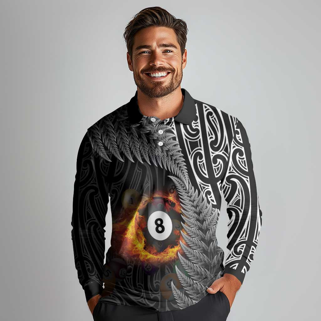 Personalised New Zealand Billiards Long Sleeve Polo Shirt Maori Fern On Fire 8 Ball - Aussie Hoodie