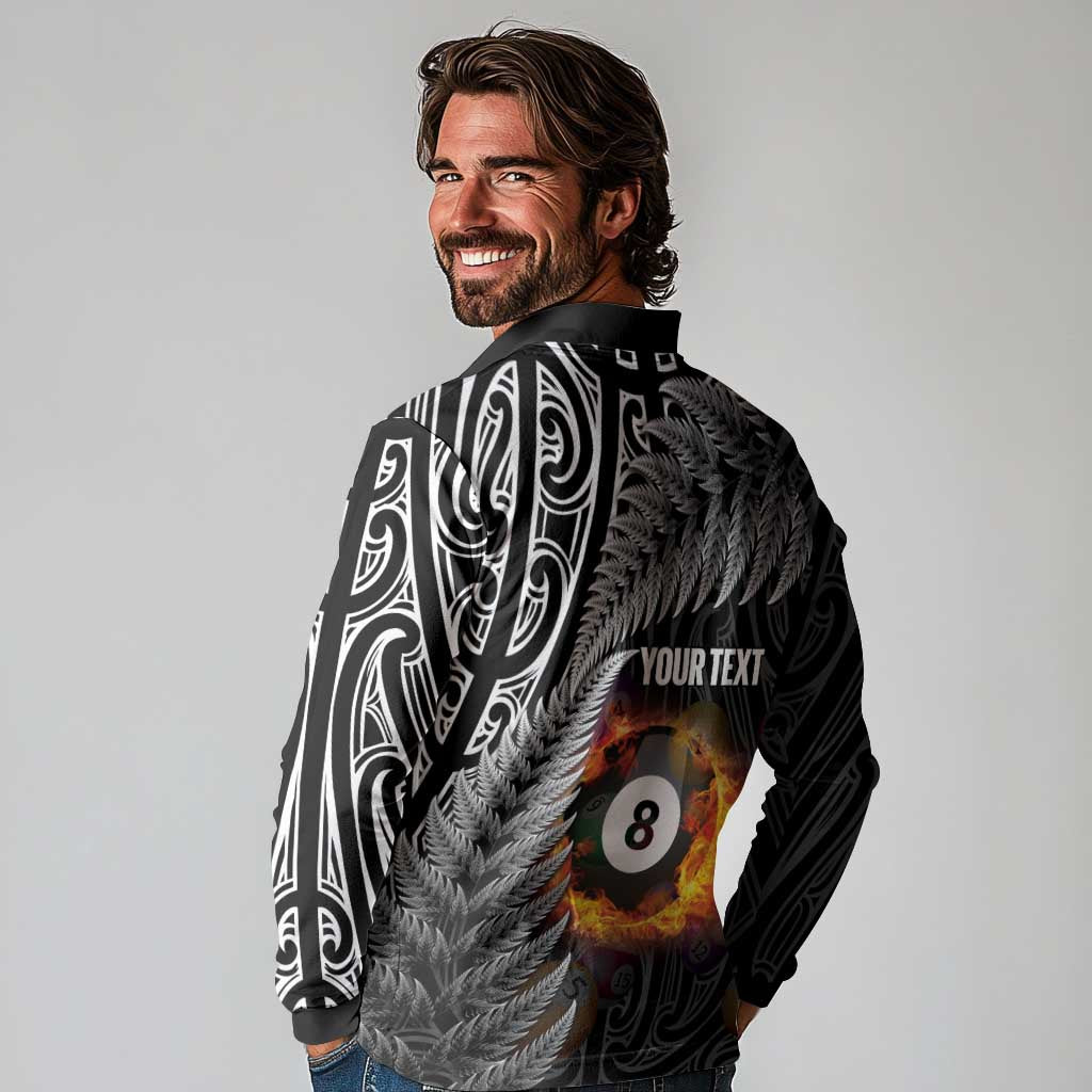 Personalised New Zealand Billiards Long Sleeve Polo Shirt Maori Fern On Fire 8 Ball - Aussie Hoodie