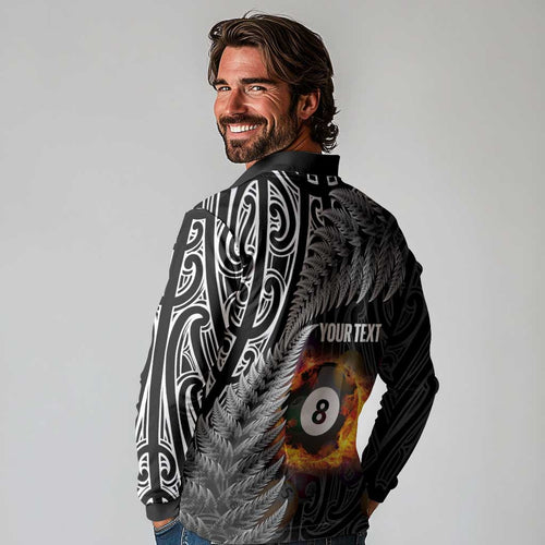 Personalised New Zealand Billiards Long Sleeve Polo Shirt Maori Fern On Fire 8 Ball - Aussie Hoodie