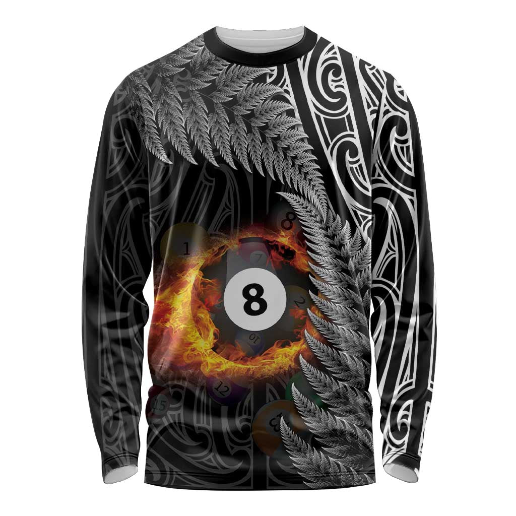Personalised New Zealand Billiards Long Sleeve Shirt Maori Fern On Fire 8 Ball - Aussie Hoodie