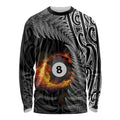 Personalised New Zealand Billiards Long Sleeve Shirt Maori Fern On Fire 8 Ball - Aussie Hoodie