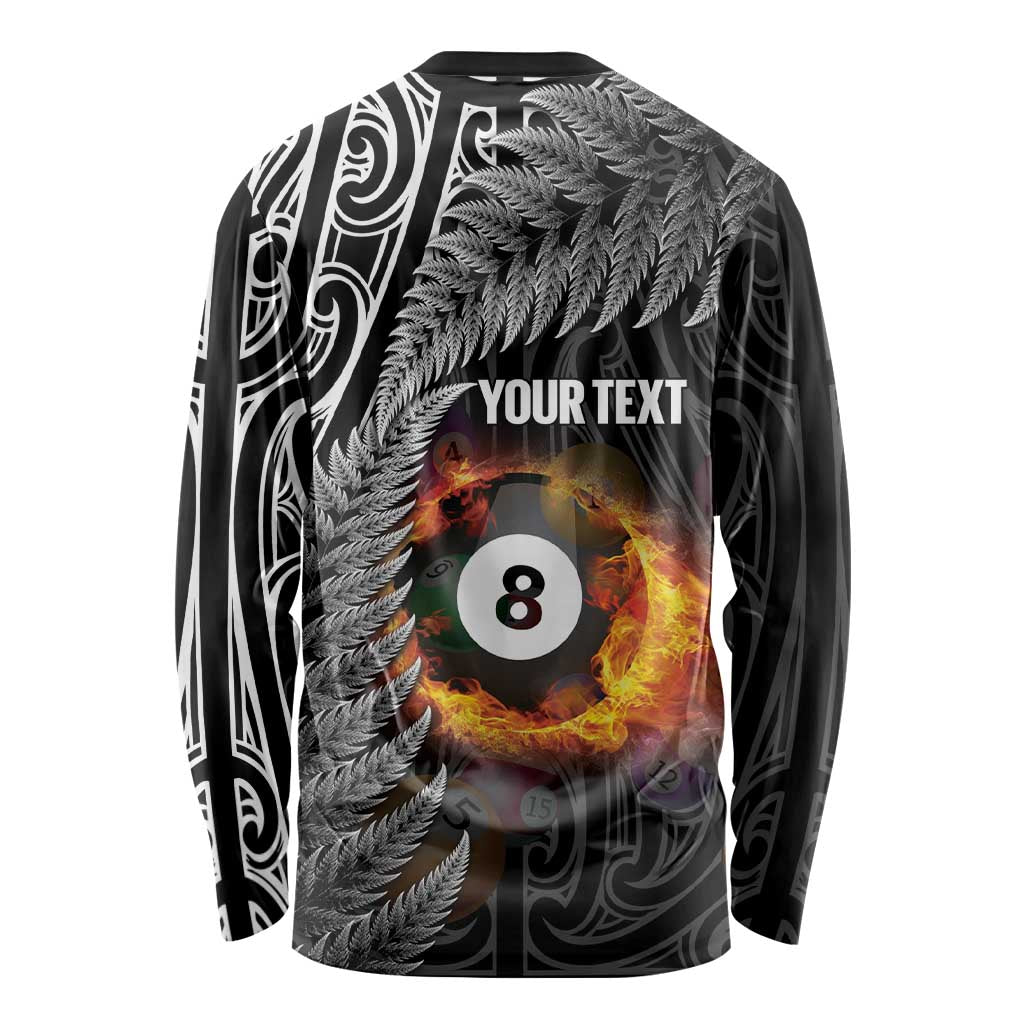 Personalised New Zealand Billiards Long Sleeve Shirt Maori Fern On Fire 8 Ball - Aussie Hoodie