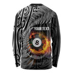 Personalised New Zealand Billiards Long Sleeve Shirt Maori Fern On Fire 8 Ball - Aussie Hoodie