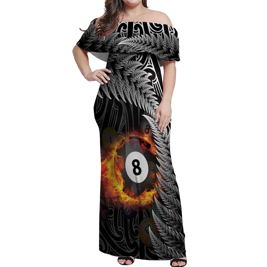 Personalised New Zealand Billiards Off Shoulder Maxi Dress Maori Fern On Fire 8 Ball - Aussie Hoodie